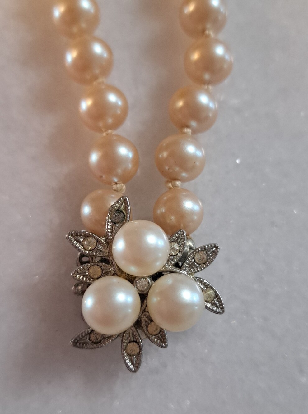Vintage Mid Century Faux Pearl Necklace with Rhinestone Floral Clasp